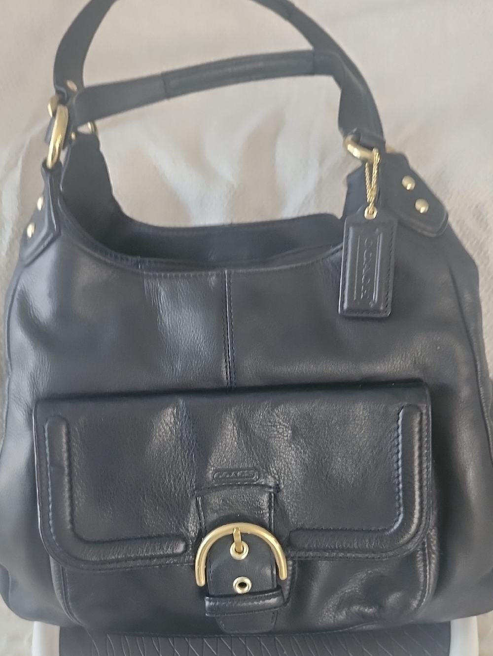 Coach Campbell F24686 Black Leather Hobo Shoulder Bag Purse Brass Buckle Handbag